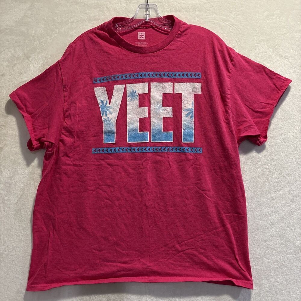 WWE Jey Uso YEET Pink T-Shirt XL Authentic Main Event Palm Tree Tropical Tee